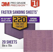 3M Pro Grade Precision Faster Sanding Sheets, 220 Grit, 11 x 9 in (20 Pack) | with NO-SLIP GRIP Durable Backing helps reduce hand fatigue & tearing when sanding