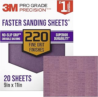 3M Pro Grade Precision Faster Sanding Sheets, 220 Grit, 11 x 9 in (20 Pack) | with NO-SLIP GRIP Durable Backing helps reduce hand fatigue & tearing when sanding
