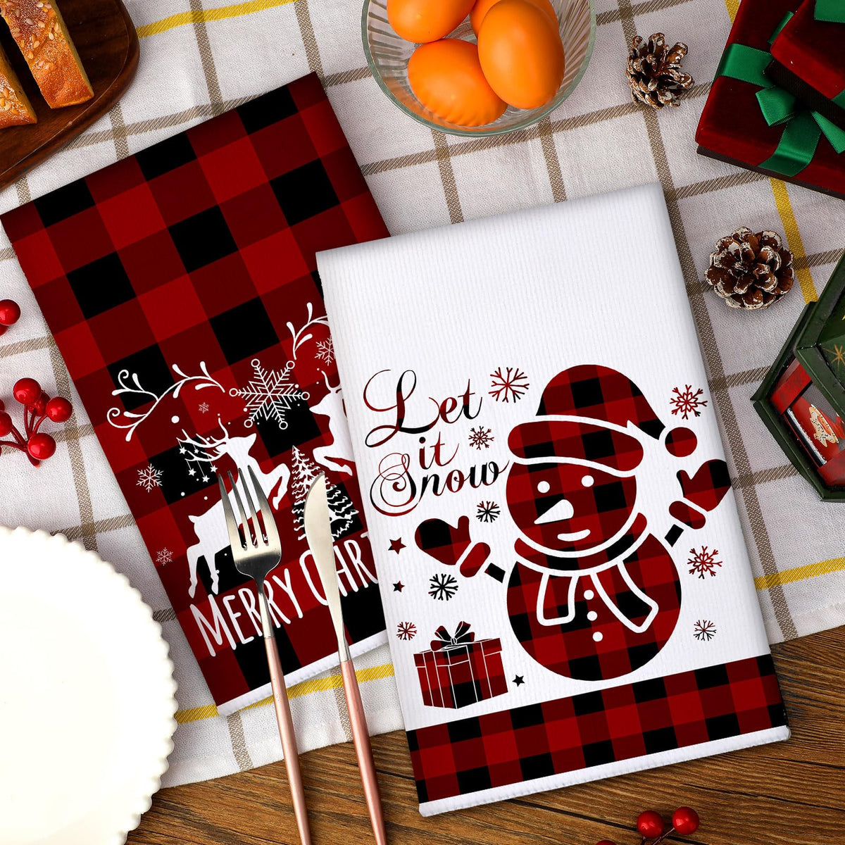Sratte Christmas Kitchen Towels, Microfiber Dish Towels, 6 Pack Red Black Buffalo Plaid
