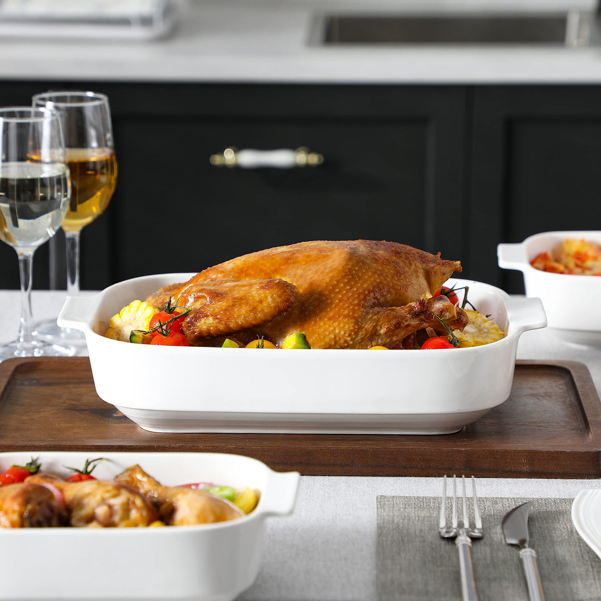Malacasa Ceramic Casserole Dish Set, Porcelain Bakeware, White, Set of 3
