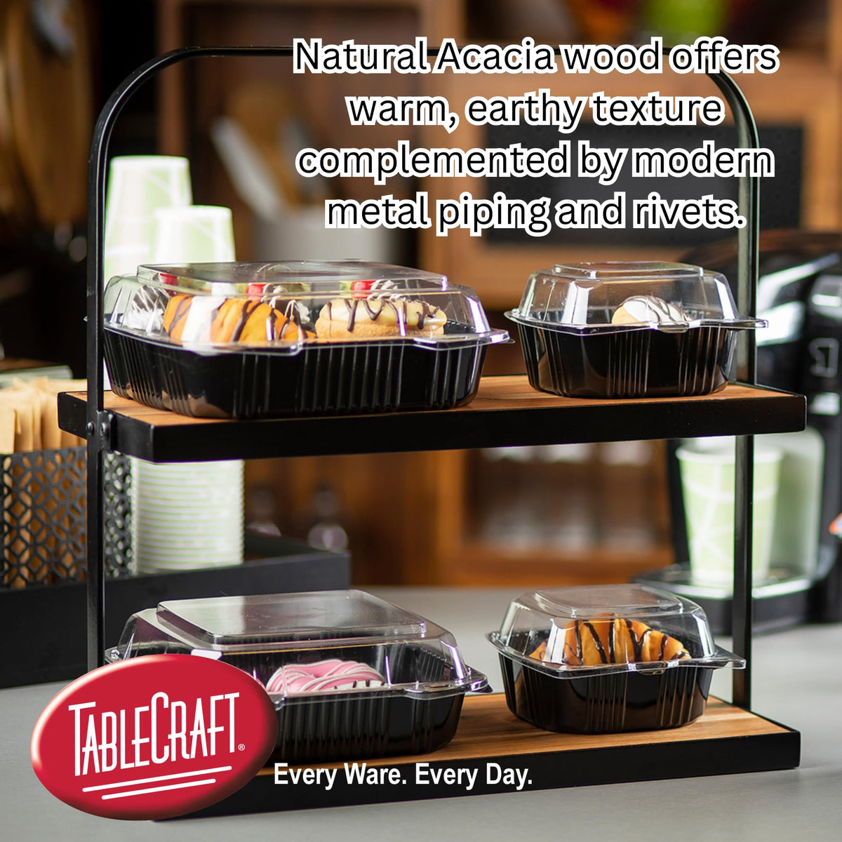 Collapsible 17.5 x 8" x 18" 2-Tier Display Stand by Tablecraft – One Size, Alloy Steel, Black, Model 10718