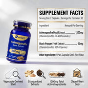 Ashwagandha 1200mg Root Extract - 60 Capsules Supplement Standardized to 5% Withanolides with Black Pepper - Daily Focus & System Balance by Sensrit – Model SR-ASH-60-V1