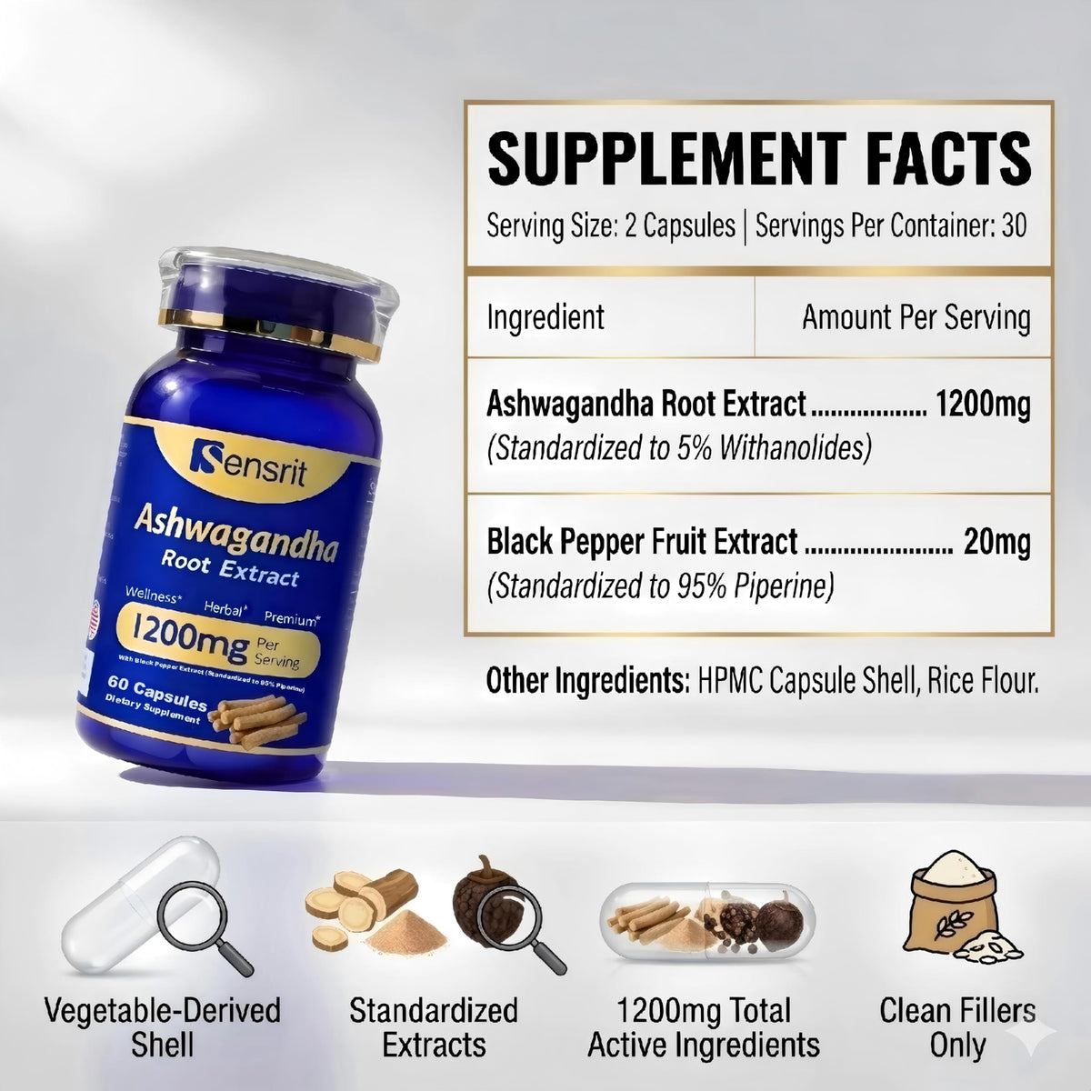 Ashwagandha 1200mg Root Extract - 60 Capsules Supplement Standardized to 5% Withanolides with Black Pepper - Daily Focus & System Balance by Sensrit – Model SR-ASH-60-V1