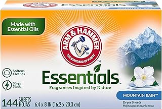Arm & Hammer Fabric Softener Dryer Sheets, Mountain Rain, 144 Count | Softens Clothes, Reduces Static Cling, Essential Oil Infused, Fresh Mountain Rain Scent