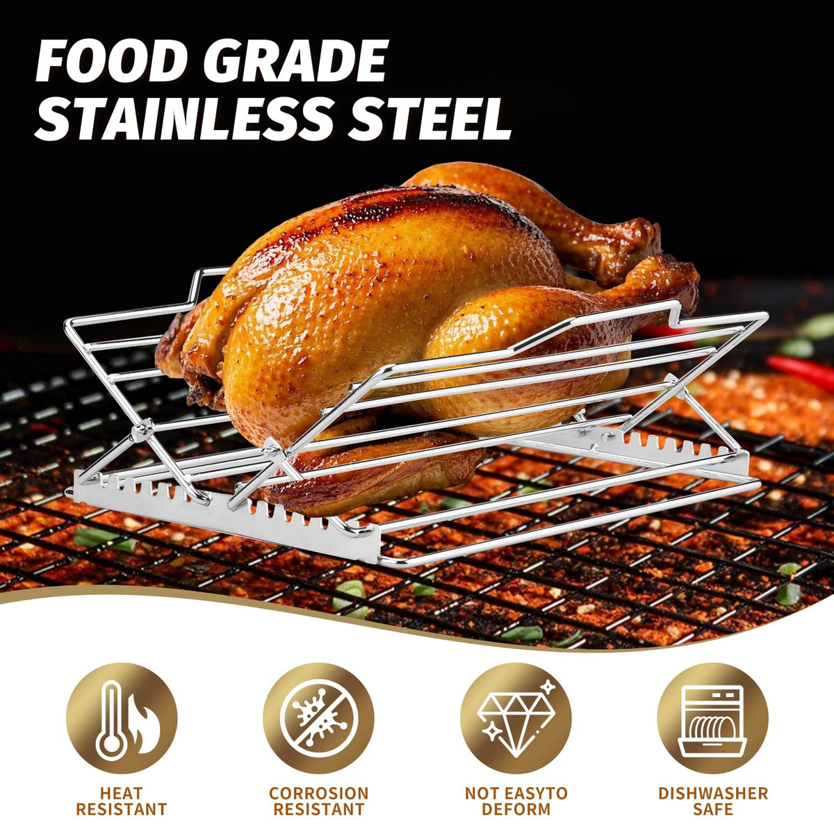 Roryimke Chicken Roasting Rack, V-Shaped Adjustable Stand, Silver