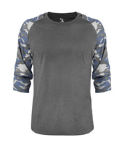 Vintage Camo Tri-Blend Baseball Tee by by Badger – Polyester Blend, Mercerized Cotton, Rayon, Graphite Heather/ Royal Vintage Camo