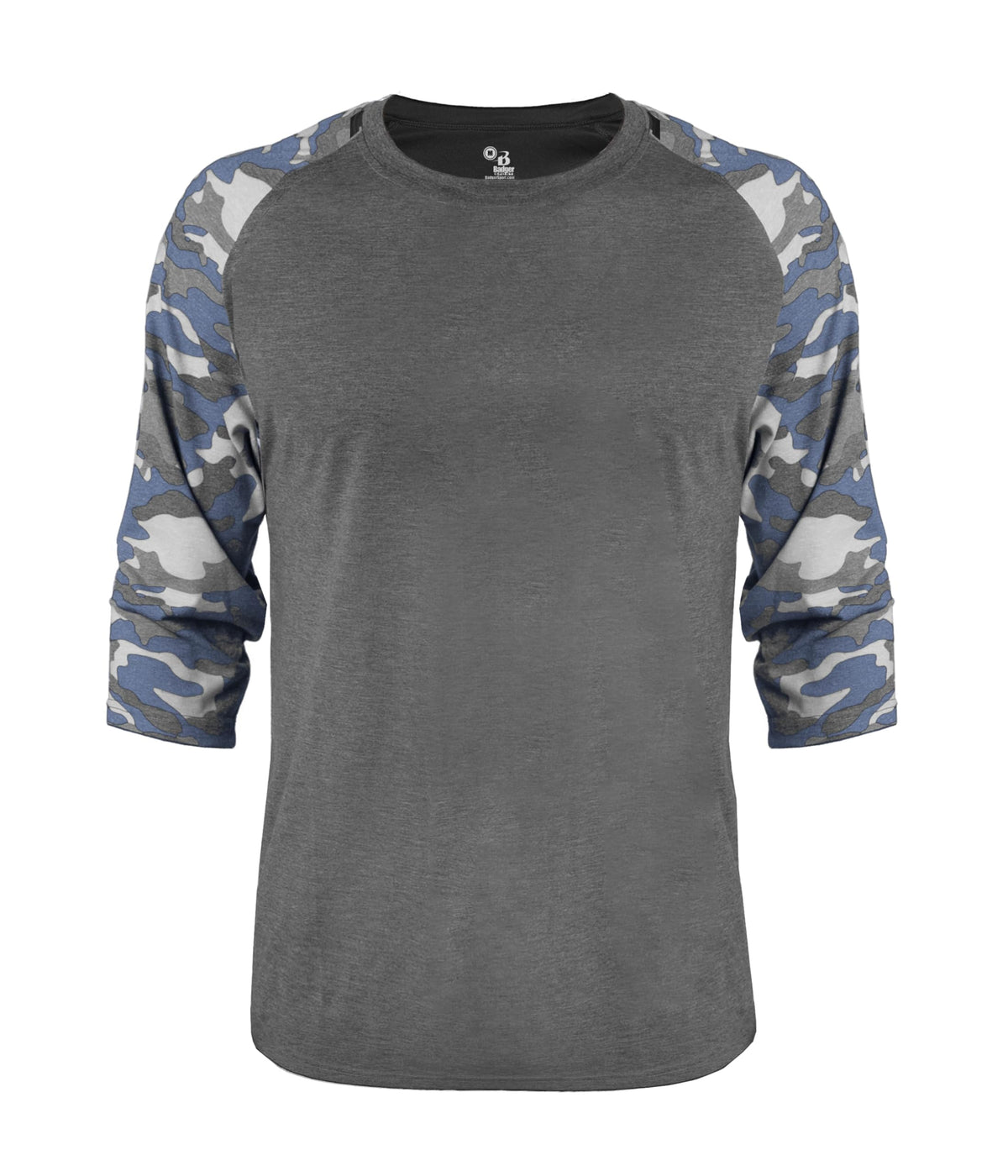 Vintage Camo Tri-Blend Baseball Tee by by Badger – Polyester Blend, Mercerized Cotton, Rayon, Graphite Heather/ Royal Vintage Camo