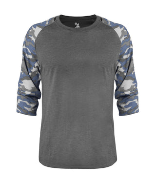 Vintage Camo Tri-Blend Baseball Tee by by Badger – Polyester Blend, Mercerized Cotton, Rayon, Graphite Heather/ Royal Vintage Camo