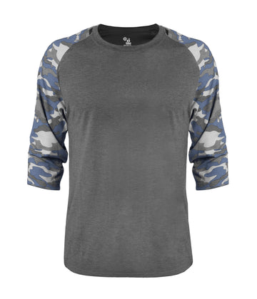 Vintage Camo Tri-Blend Baseball Tee by by Badger – Polyester Blend, Mercerized Cotton, Rayon, Graphite Heather/ Royal Vintage Camo