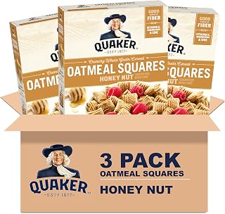 Quaker Oatmeal Squares Crunchy Whole Grain Breakfast Cereal, Honey Nut, 14.5 Oz Boxes (Pack of 3)