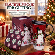 Topadorn Ceramic Coffee Mug with Lid, 17 Ounces, Candy Cane Snowman