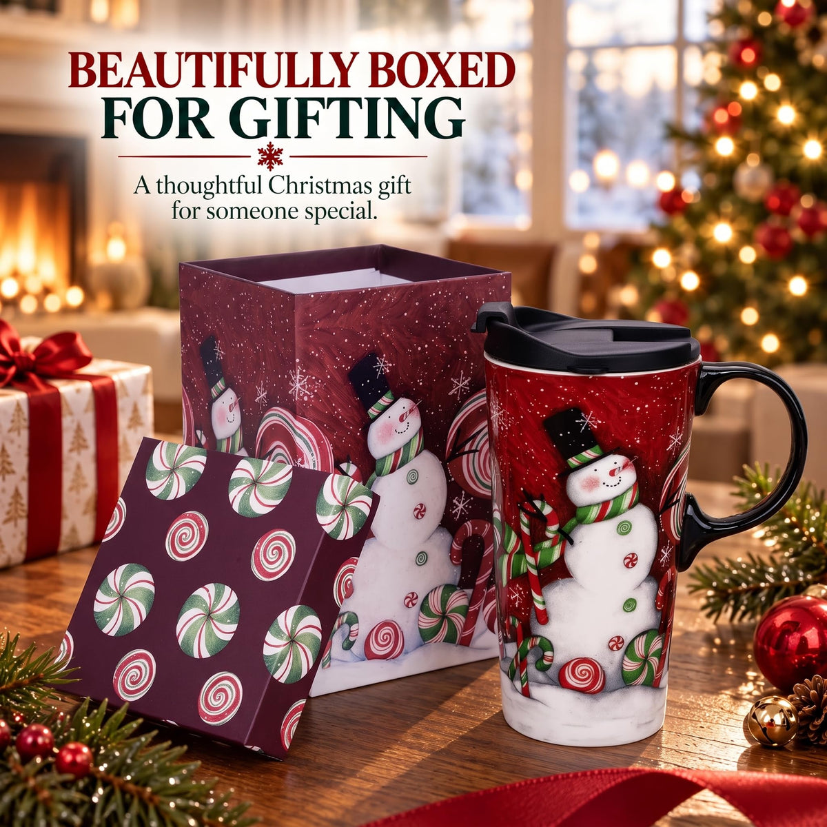 Topadorn Ceramic Coffee Mug with Lid, 17 Ounces, Candy Cane Snowman
