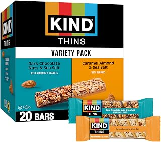 KIND Thins Snack Bars Variety Pack, Gluten Free, Low Calorie, Healthy Snacks, Dark Chocolate Nuts & Sea Salt, Caramel Almond & Sea Salt, 4g Sugar, 20 Count