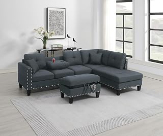 3-PCS Sectional Sofa Set with LAF Sofa, RAF Chaise, and Storage Ottoman in Charcoal Color Linen-Like Fabric for Modern Living Rooms