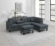Living Room Furniture 3-PCS Sectional Sofa Set LAF Sofa RAF Chaise and Storage Ottoman Cup Holder Charcoal Color Linen-Like Fabric Couch