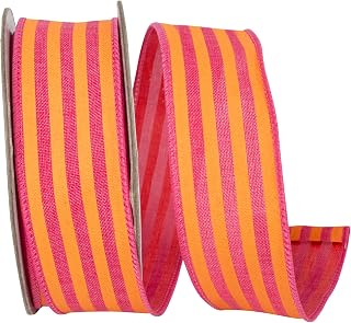 Reliant Ribbon Broad Striped Linen Value Wired Edge, Orange/Fuchsia, 1-1/2 Inch, 10 Yards