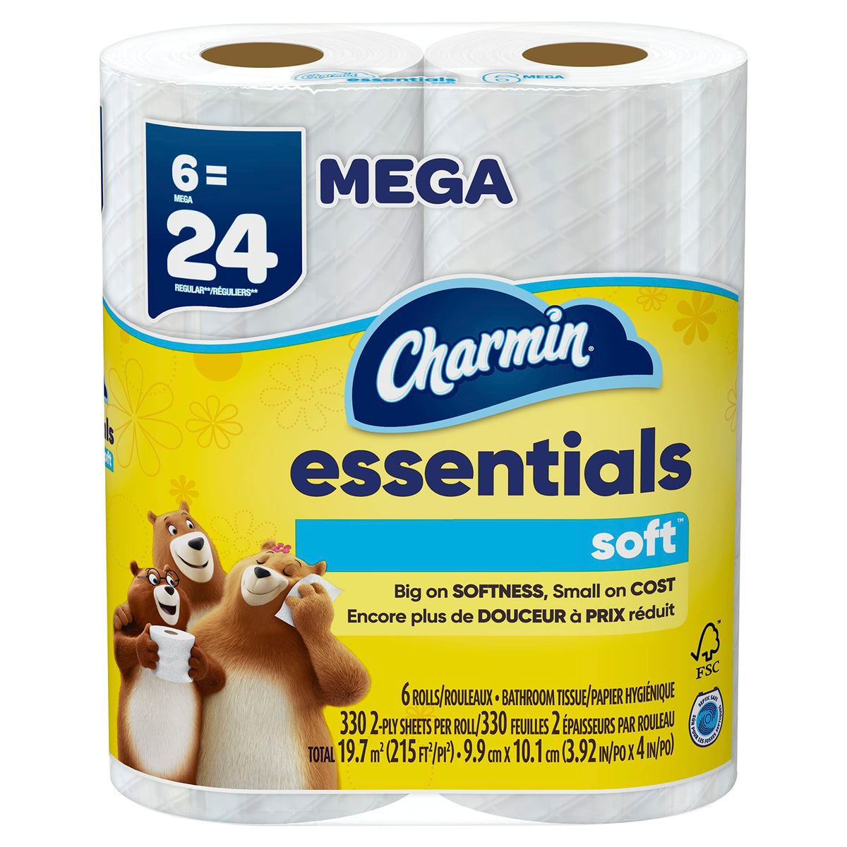 Essentials Soft Toilet Paper 6 Mega Rolls by Charmin – 6 Rolls (330 Sheets), Paper, No Color, Pack of 6, Model 80370716