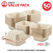 Clamshell Take Out Food Containers 6" x 6” (50 Pack) 1-Compartment by Stock Your Home – 6 x 6 Clamshell, 1 Part (50 Count), Bagasse, Natural, Pack of 50, Model 1250