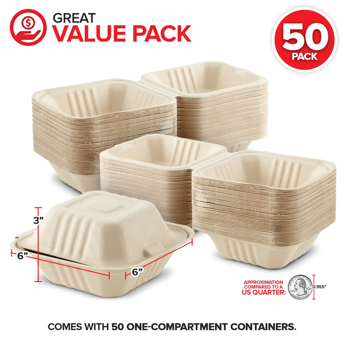 Clamshell Take Out Food Containers 6" x 6” (50 Pack) 1-Compartment by Stock Your Home – 6 x 6 Clamshell, 1 Part (50 Count), Bagasse, Natural, Pack of 50, Model 1250