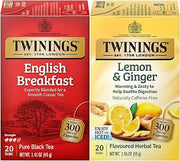 Twinings Tea Variety 2-Pack – English Breakfast + Lemon & Ginger, Black & Herbal Tea Bags, Individually Wrapped, 20 Count Each