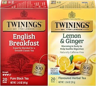 Twinings Tea Variety 2-Pack – English Breakfast + Lemon & Ginger, Black & Herbal Tea Bags, Individually Wrapped, 20 Count Each