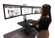 High Rise Electric Sit-Stand Standing Desk Converter by Victor – Triple Monitor, Wood, Black W/Aluminum, Model DC475
