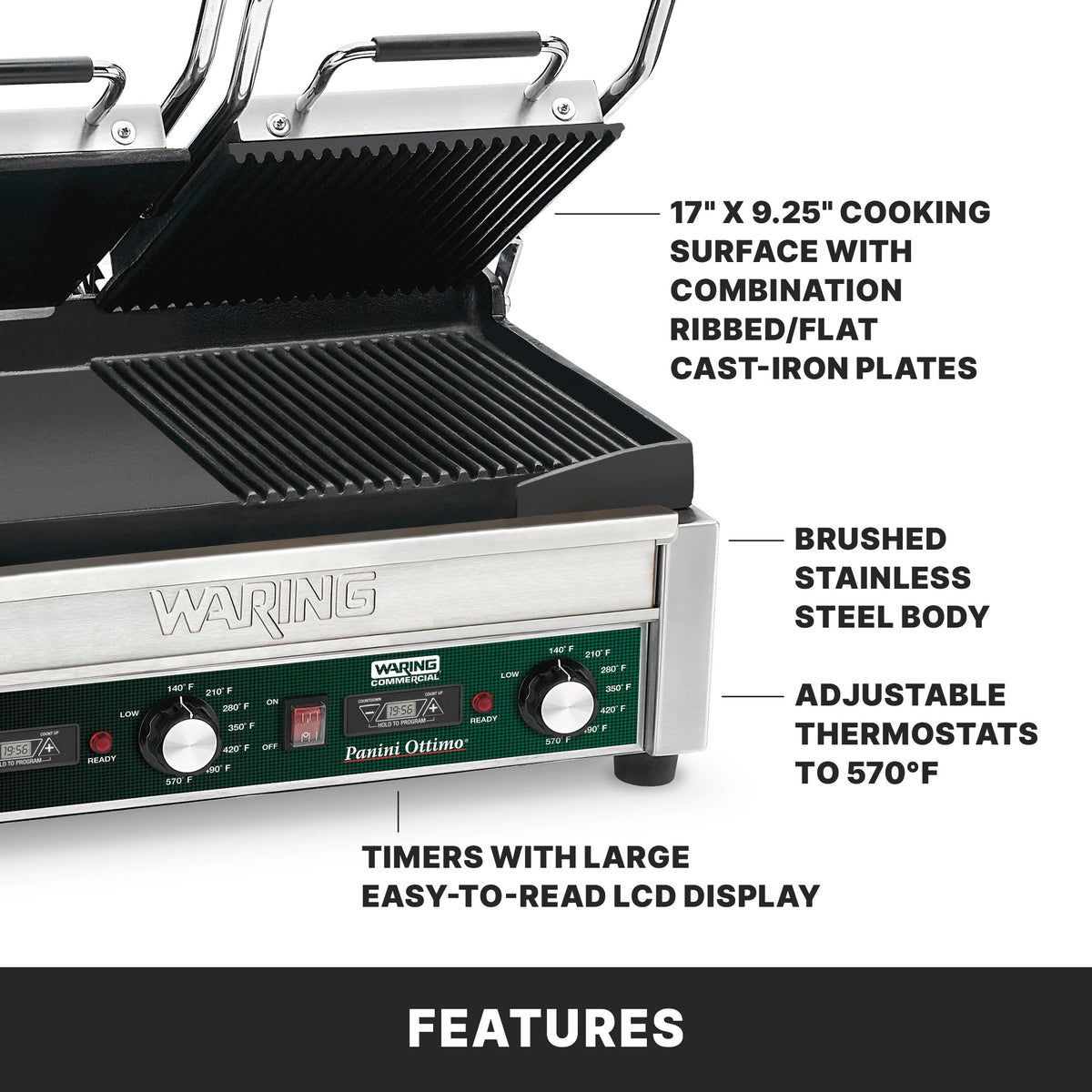 Panini Press with Timer by Waring – Large and Dual Cooking Surface Machines, Iron, Green, Model WDG300T