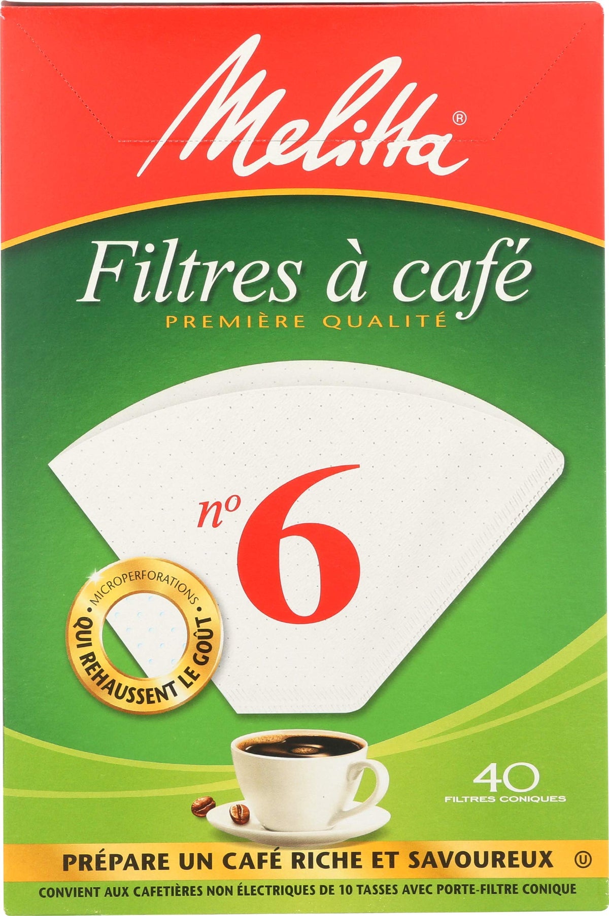 #6 Cone, White Coffee Filter, 40 count by Melitta – Pack of 1, Plastic, White, Model 626402