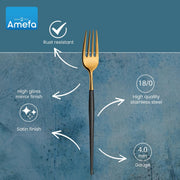 Soprano Flatware Set - Black & Gold by Amefa – 3.35" H x 9.84" L x 4.5" W, Stainless Steel, Black & Gold, Pack of 20, Model 1114DUMBUSC01