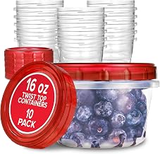 Stock Your Home 16oz Plastic Containers with Red Twist Top Lids (10 Pack) – 2-Cup Freezer Containers for Leftovers, Airtight Reusable Soup Storage, Microwave & Dishwasher Safe