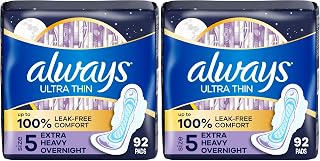 Always Ultra Thin Overnight Pads, Size 5, Extra Heavy Overnight, Unscented, 92 Count (4 Packs of 46)