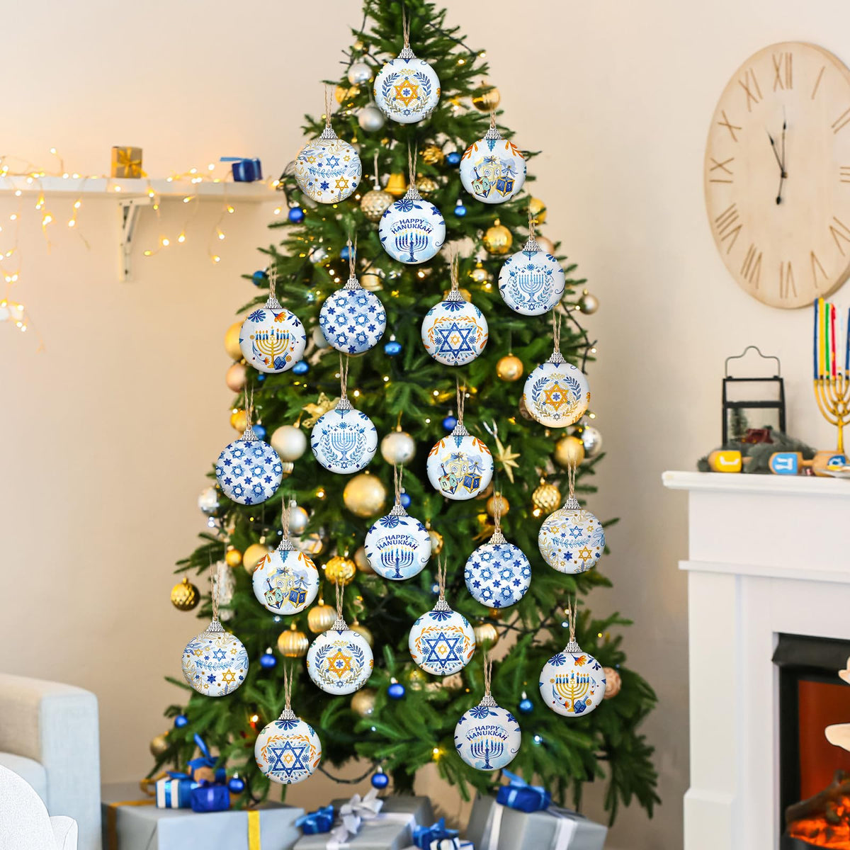 Outus Hanukkah Ball Ornaments, 16 Pack, Blue and White with Star of David