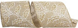 Reliant Ribbon Holly Glitter Outlines Linen Wired Edge, Natural, 4 Inch, 10 Yards