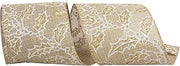 Reliant Ribbon Holly Glitter Outlines Linen Wired Edge, Natural, 4 Inch, 10 Yards
