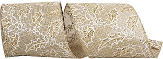 Reliant Ribbon Holly Glitter Outlines Linen Wired Edge, Natural, 4 Inch, 10 Yards
