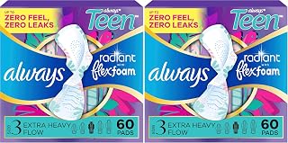 Always Radiant Teen Pads, Size 3, Extra Heavy, with Wings, Unscented,60 Count (Pack of 2)