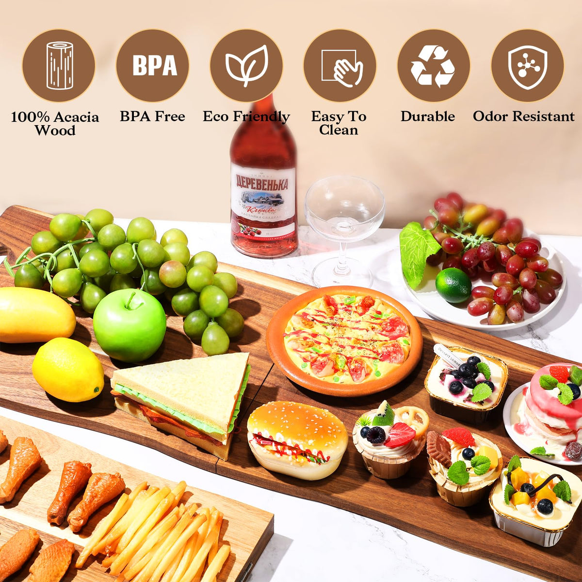 Essenya Acacia Charcuterie Board, Foldable with Handles, 33 x 12 Inch, Brown