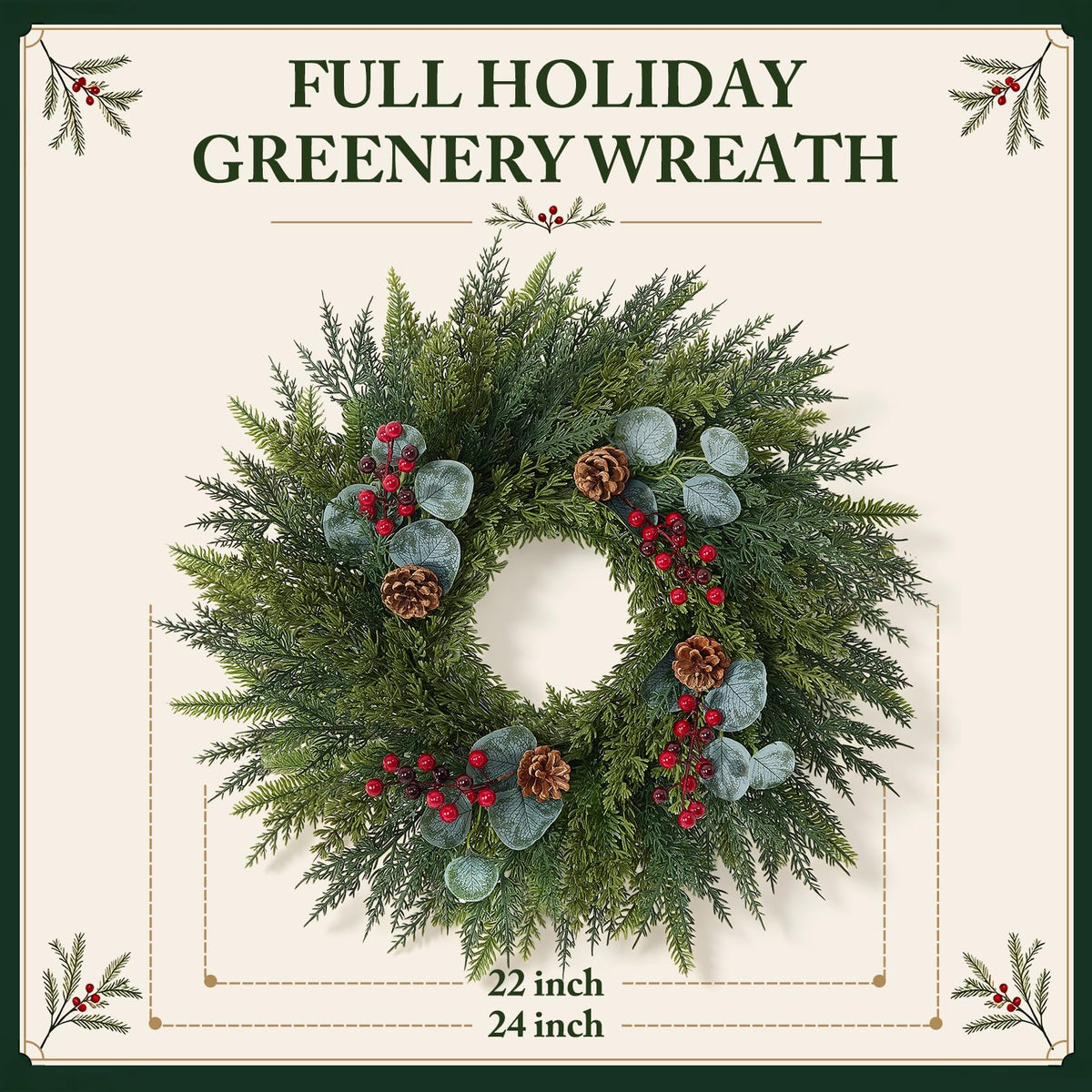 Worthyeah Norfolk Pine Wreath, 24 Inch Illuminated, Christmas
