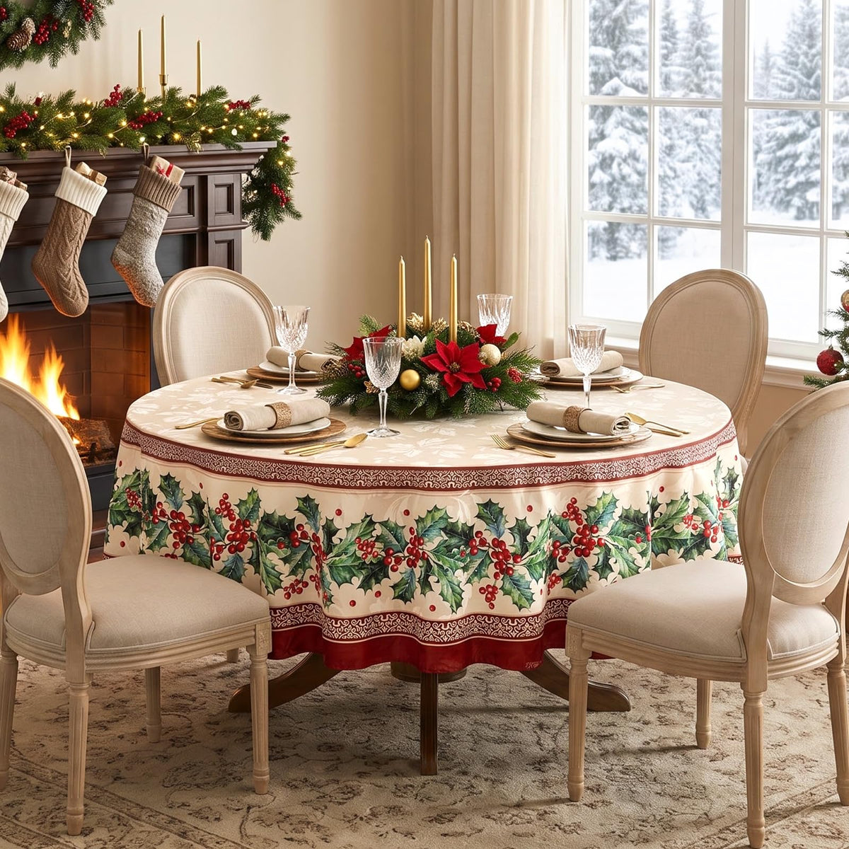 Softalker Christmas Jacquard Tablecloth, 70 Inch Round, Holly