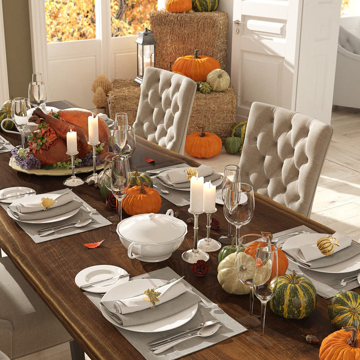 Willbond Thanksgiving Napkin Rings, 12 Piece Set, Golden