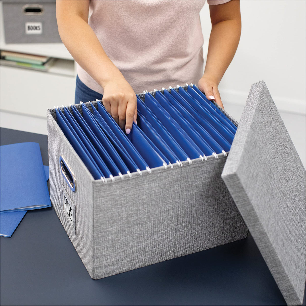 Foldable Linen Fabric Storage Box with Lid and Metal Handles by Bankers Box – 15" x 12" x 10", Linen, Gray,White, Model 0762001