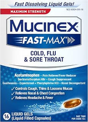 Mucinex Fast-Max Maximum Strength Cold, Flu & Sore Throat, Multi-Symptom Relief, Pain Reliever, Fever Reducer, Cough Suppressant, Expectorant, Nasal Decongestant, 16 Liquid Gels