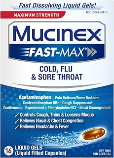 Mucinex Fast-Max Maximum Strength Cold, Flu & Sore Throat, Multi-Symptom Relief, Pain Reliever, Fever Reducer, Cough Suppressant, Expectorant, Nasal Decongestant, 16 Liquid Gels