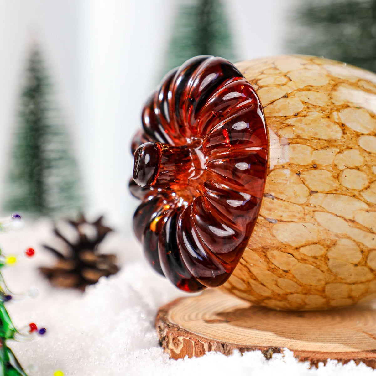 QFkris Hand Blown Glass Acorn Figurine, Large Brown