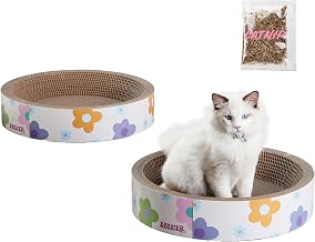 CSR1001A-SET2 Daisy 18.13" Modern Cardboard Bowl Cat Scratcher with Catnip, White/Multi (Set of 2)
