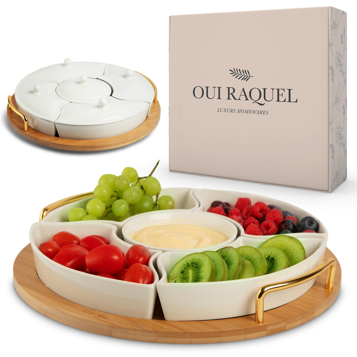 Oui Raquel Chip and Dip Serving Set, Rotating Lazy Susan, 5 Ceramic Bowls with Lids, White