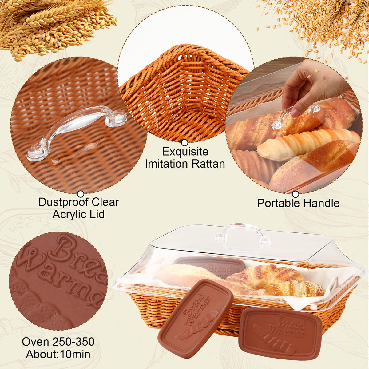 LemonRoad Bread Warmer Basket Set, Includes 2 Baskets 3 Stones and Towel, Tan
