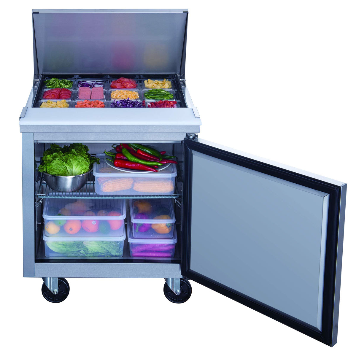6.5 cu. ft. Single Door Commercial Food Prep Table Refrigerator with Mega Top by Dukers – 29″ x 31 1/2” x 45 5/8″, 6.5 cubic_feet, Stainless Steel, Model DSP29-12M-S1
