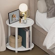 Furinno Turn-N-Tube Night Stand, 2-Tier Small Round Nightstand, Toolless Assembly End Table with Open Shelf, Bedside Table, Side Table, for Bedroom, Closet, Dorm, Marble White