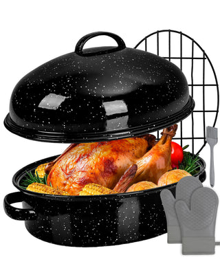 MCCSI Enamel Roasting Pan with Lid and Rack, 18 Inch Oval, Black Granite